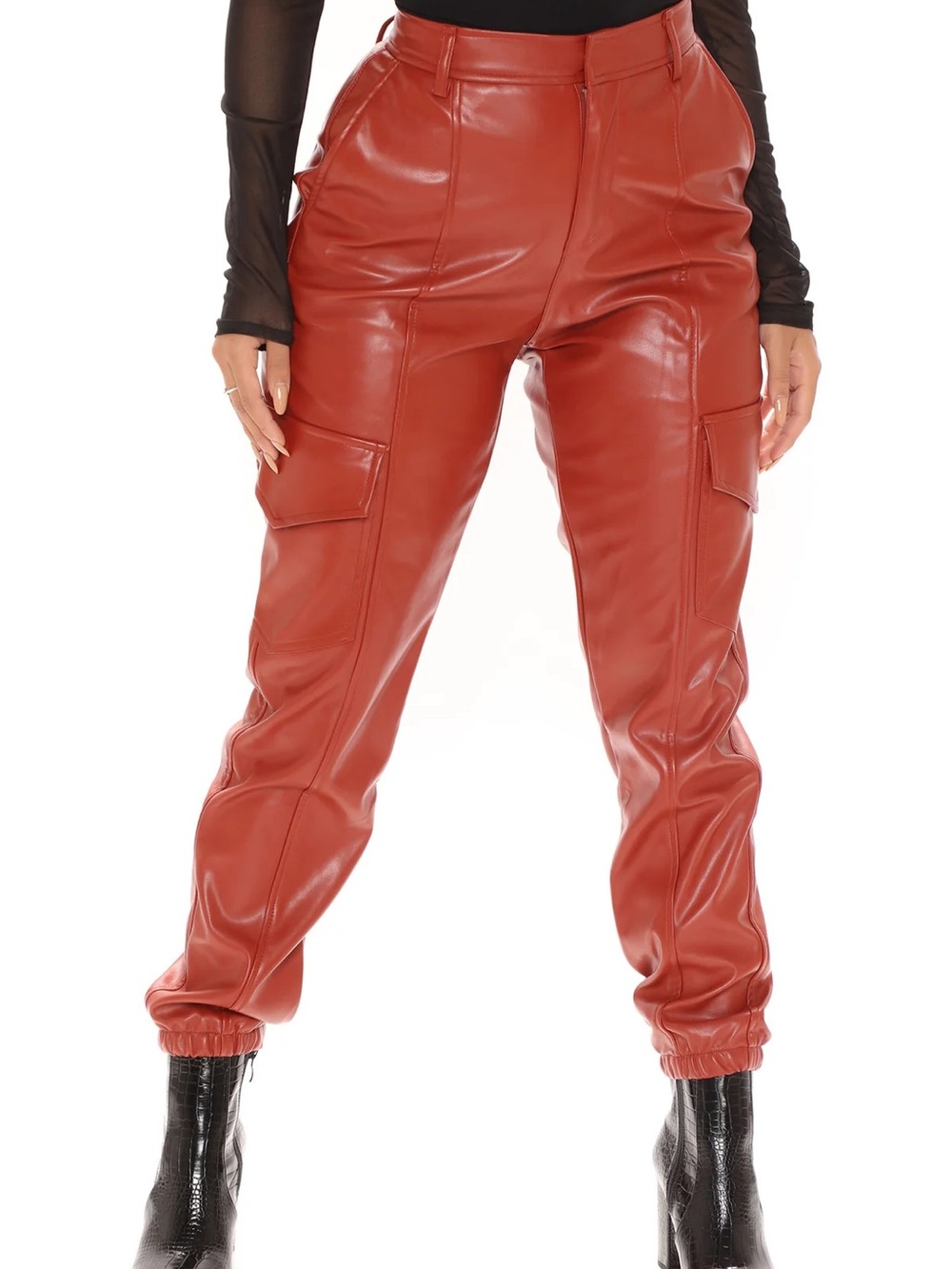 Fashion Nova No Rules At Dawn PU Cargo Pant - Brick Red